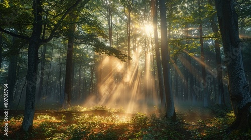 Bright shafts of sunlight pass through mist-laden trees, creating a mesmerizing interplay of light and shadow across the forest floor © saichon