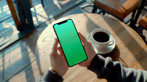 Point of view pov on phone with a cap of coffee on a table in cafe early morning, app mockup