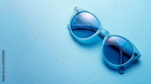 Trendy sunglasses background. Fashion summer accessories. Blue concept. Optic store discount poster. Generative AI