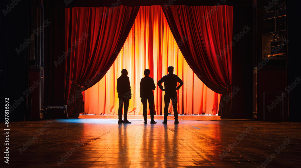 Fototapeta premium Theater workers. Silhouettes against the backdrop of a backlit curtain.
