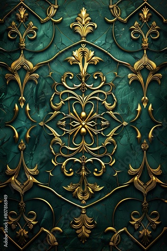 Intricate green and gold ornamental wall panel