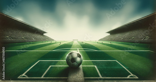 Grünes Fußballfeld  mit Ball. Hintergrund copy space