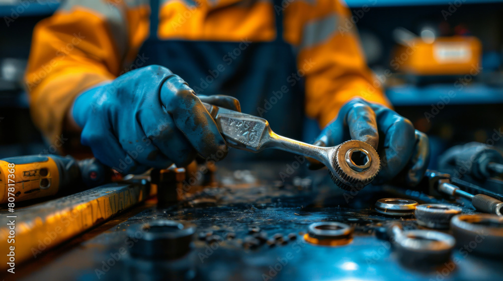 Close-up of a mechanic's hands using a wrench to tighten a gear in a blue-toned workshop environment. Close-up of a mechanic's hands using a wrench to tighten a gear in a blue-toned workshop environment.