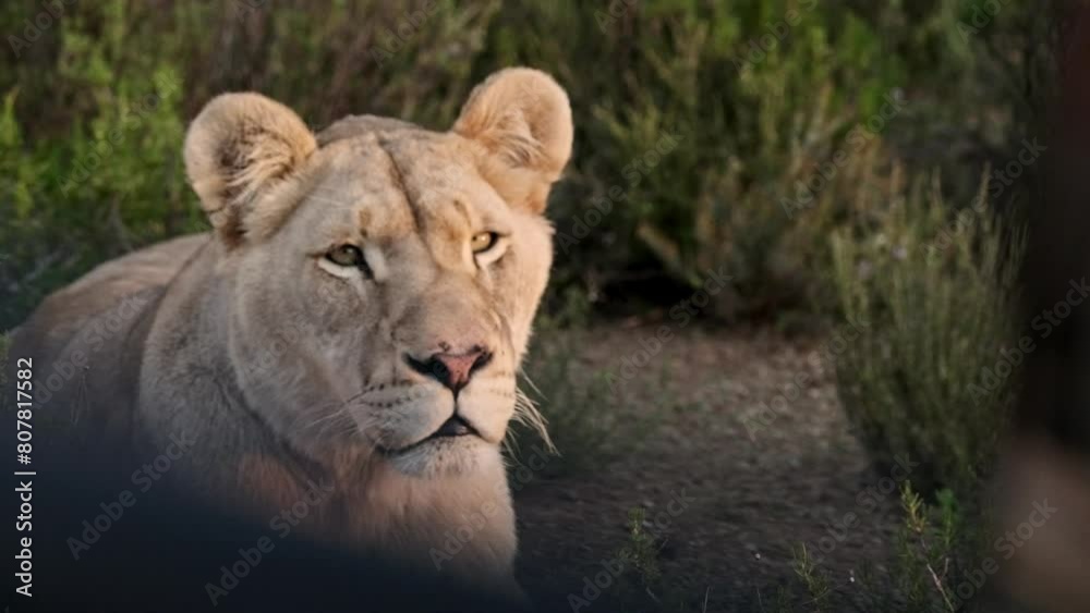 Lioness looking up at a safari vehicle and observing Lioness looking up at a safari vehicle and observing