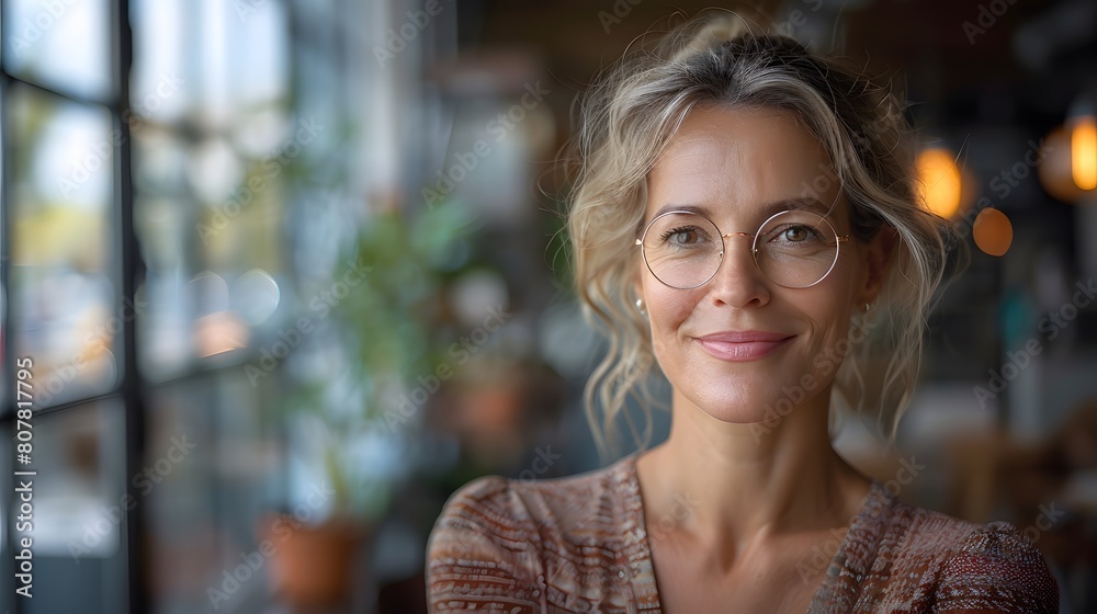 Confident Mature Woman with Glasses Smiling Indoors