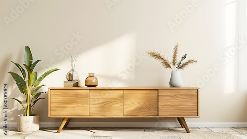 Ein modernes Sideboard mit dekorativen Gegenständen in einem Raum mit einer leeren Wand, ein Konzept für minimalistische Innenarchitektur. photo