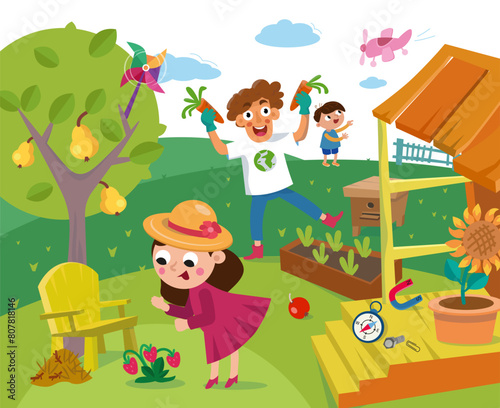 Family on vacation during summer. Country house, dacha and nature. Cartoon illustration. Scene for design. Vector illustration. 