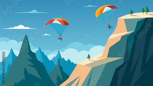 A thrilling display of bravery and skill as paragliders push the limits flying precariously close to jagged cliffs and rocky peaks during their. Vector illustration