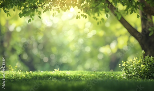 Beautiful blurred background of spring nature with green grass and trees on a sunny day