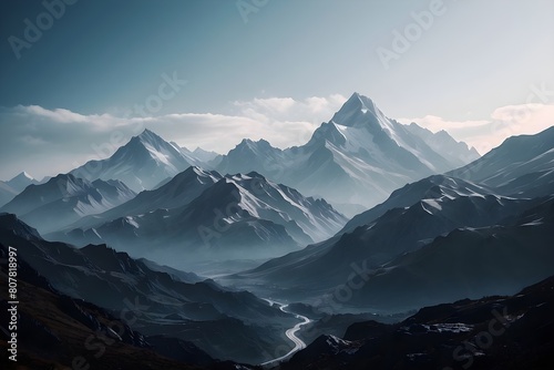 A majestic silhouette of towering mountains rises against a dusky sky