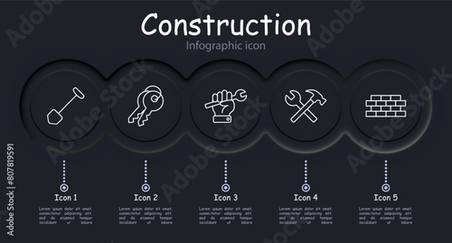Construction set icon. Shovel, key, hand, wall, brick, hammer, cross, bunch of keys, nail, screw, infographic, neomorphism, construction plan, roller, painting, apartment layout. Building concept.