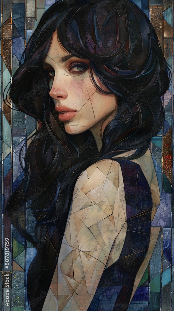 a cubist-style portrait of a beautiful woman with flowing dark hair, looking back over her shoulder. Use muted colors with sporadic sparkles