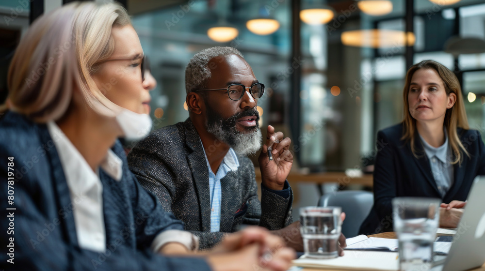 A diverse team of professionals in a lively business meeting led by a senior African American executive. A diverse team of professionals in a lively business meeting led by a senior African American executive.