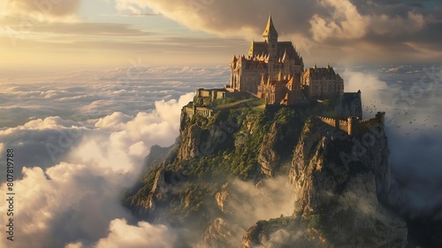 a castle on top of a mountain surrounded by clouds, a detailed matte painting fantasy art, matte painting, fantasy, matte drawing photo