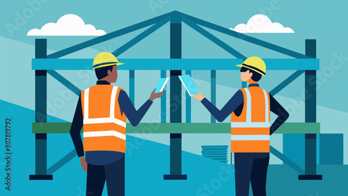Two officials in reflective vests scrutinizing the beams and support structures of a construction site making sure they meet the necessary. Vector illustration