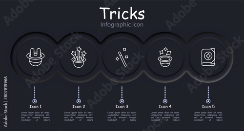 Focus set icon. Rabbit ears in hat, magic wand, grimoire, witchcraft book, sparks, stars, enchantment, theurgy, cards, scintilla, bottle, infographic, neomorphism. Magic concept.