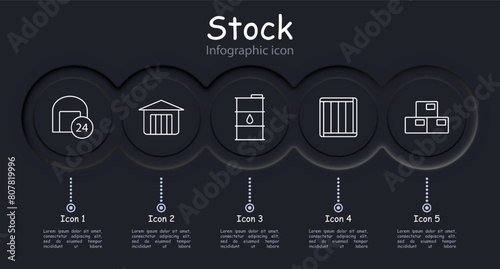 Stock set icon. Reserve, margin, supplies, store, boxes, depot, barrel, oil, mail, port, shelves with warehouses, asterisk, plus, storage, port, infographic, neomorphism. Stockroom concept.