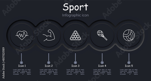 Sports set icon. Infographic, neomorphism, medal, weight, racket, tennis, pulse, rod, billiards, volleyball, muscles, boxing glove, hobby. Healthy lifestyle concept.