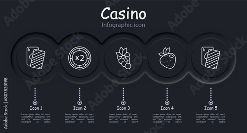 Casino set icon. Cards, suits, fruits, win, bet, doubling, chip, money, king, gain, grapes, risks, excitement, ardor, strawberry, dollar, stake. Gambling concept.