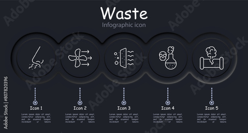 Waste set icon. Air conditioner, air freshener, harmful fumes, wind, dust, air filtration, blower pipe, fan, infographic, gas, skull, poison, infographic, circulation. Atmosphere concept.