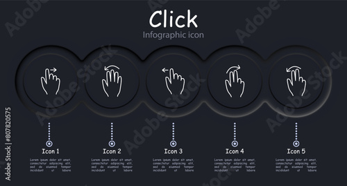 Clicks set icon. Double click, palm, hand, swipe, move object, scroll down with three fingers, hold, move up, pinch with three fingers, hold, infographic, delay with three fingers. Gestures concept.