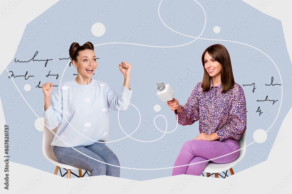 © deagreez - Composite photo collage of happy girls interview casting correspondent girl hold mic other speak celebrity isolated on painted background