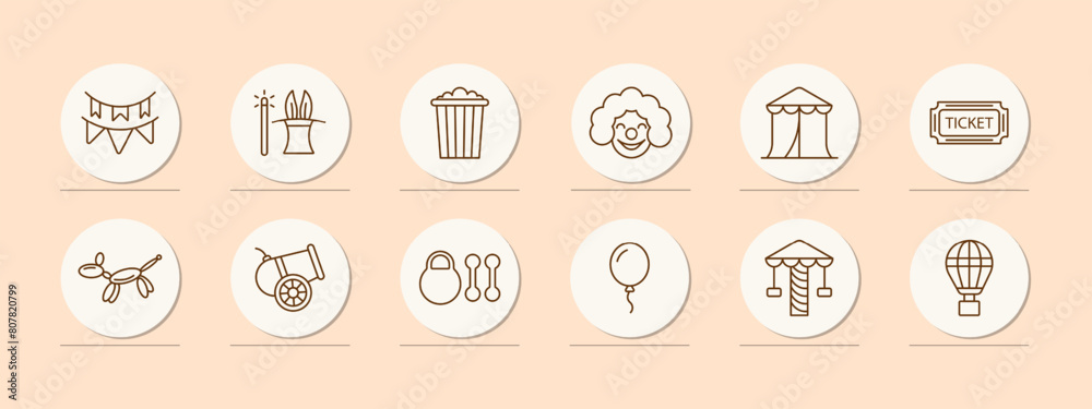 Circus set icon. Magic wand, top hat, bunny ears, popcorn, clown, makeup, wig, red nose, tent, ticket, cannon, weight, dumbbell, ball, amusement ride, balloon. Presentation concept. Circus set icon. Magic wand, top hat, bunny ears, popcorn, clown, makeup, wig, red nose, tent, ticket, cannon, weight, dumbbell, ball, amusement ride, balloon. Presentation concept.