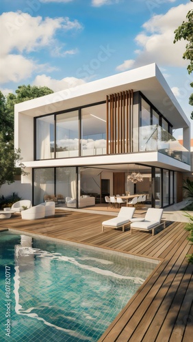 A modern house with a combination of white and wooden exteriors. The house features large glass windows and doors  with swimming pool with clear blue water  wooden deck. 