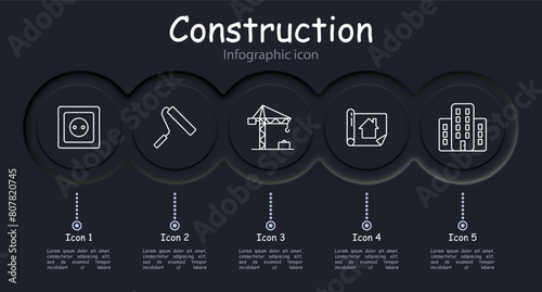 Construction set icon. Shovel, key, hand, wall, brick, hammer, cross, bunch of keys, nail, screw, infographic, neomorphism, construction plan, roller, painting, apartment layout. Building concept.