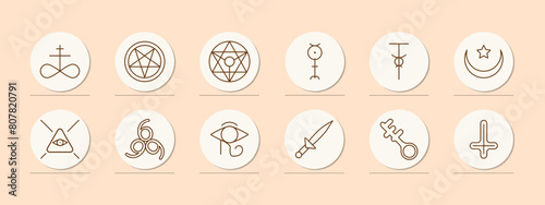 Sect set icon. Pentagram, Sigil of Baphomet, ritual dagger, sacrifices, inverted cross, Satan, 666, eye, key, crescent with star, infinity sign, worship, belief, faith, persuasion. Cult concept.
