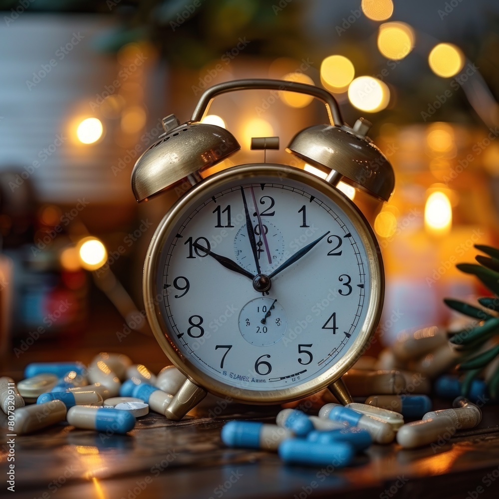 Alarm clock on table with how many medicine capsules near bedroom