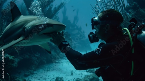 Brave scuba diver gently caresses majestic shark during underwater exploration adventure photo