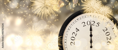 New Year's Eve 2025 concept with clock on gold sparkling background with fireworks and blurred lights. 