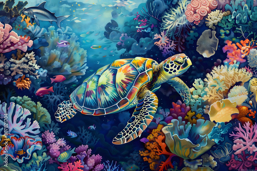 Illustration of a vibrant and bustling unterwater scene with a sea turtle in a colorful coral reef