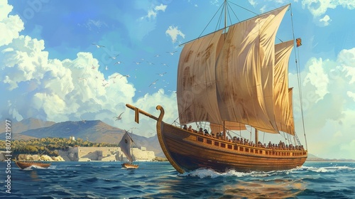 Illustrations of ancient greek and roman naval vessels. exploration, trade, conquest themes photo