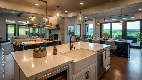 Kitchen home interior with modern and stylish island sink