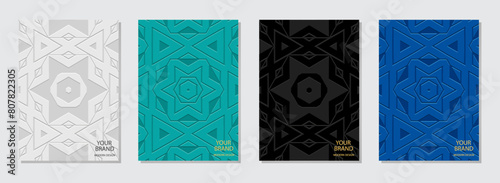 Set of covers, vertical templates. A collection of relief, geometric backgrounds with ethnic minimalist 3D patterns, with handmade ornaments. Cultural boho motifs of the East, Asia, India, Mexico