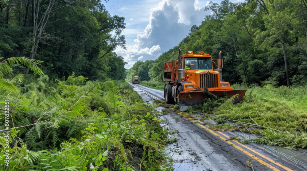 Fototapeta premium A large orange truck clearing fallen trees and debris from a forested rural road after a storm.
