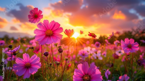 Golden sunset over a field of vibrant pink blossoms under a sky with fluffy clouds