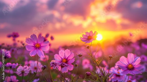 Golden sunset over a field of vibrant pink blossoms under a sky with fluffy clouds