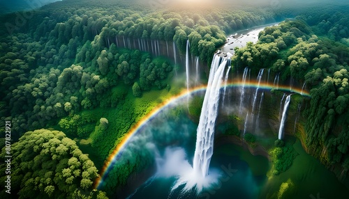 Cascading Water Fall in a lush rain forest, with rainbow in the mist