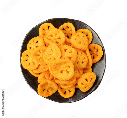 Corn puff snack isolated, crunchy cereal nosh, crispy yellow rice breakfast with paprika