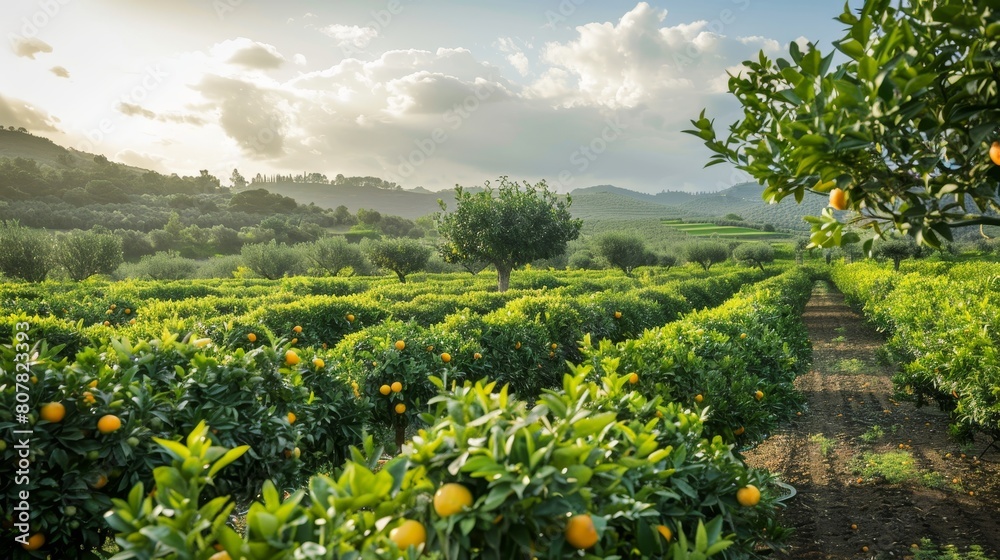 Wide shot of orange plantation field with cultivated fruits in the bright sunny day