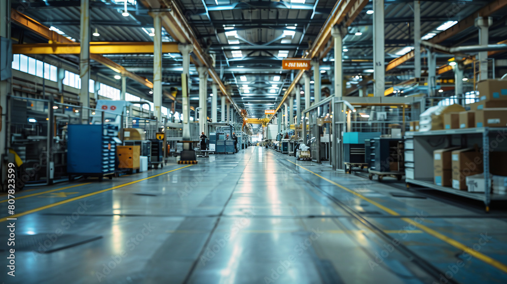View of a spacious and modern industrial warehouse interior with long aisles and high ceilings. View of a spacious and modern industrial warehouse interior with long aisles and high ceilings.