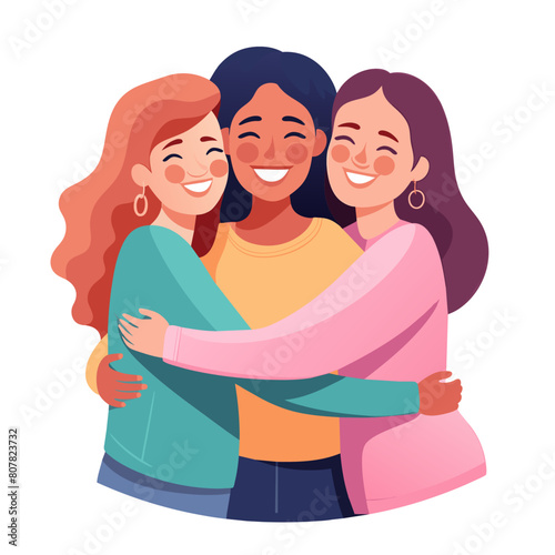 Happy girls hugging each other. Female friendship. Cuddle as a manifestation of feelings of love. Women embrace. Cartoon character illustration