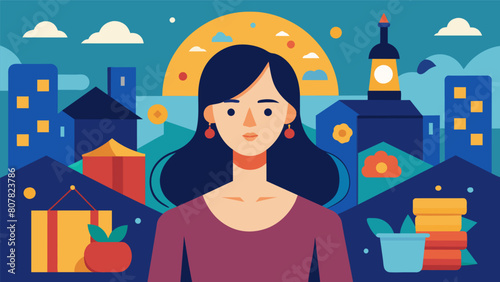 Despite the markets chaotic nature she remains a picture of tranquility unmoved by external factors.. Vector illustration