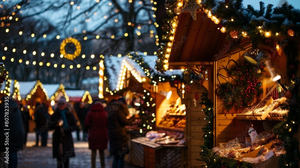 Festive christmas market with twinkling lights and carolers