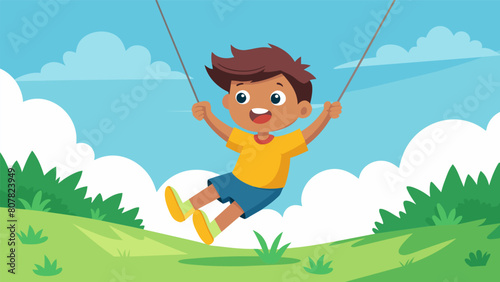 A child holding on tight as they soar down a zipline over a grassy field.. Vector illustration