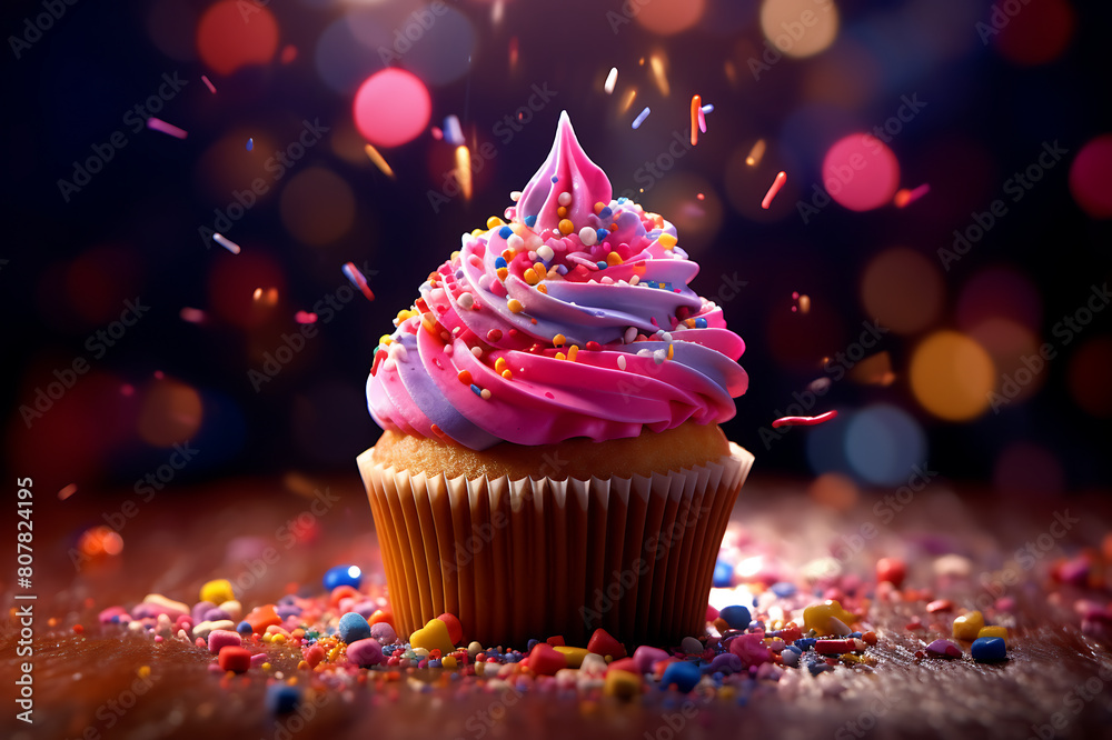 Cupcake with pink cream and colorful sprinkles on a blue background Cupcake with pink cream and colorful sprinkles on a blue background