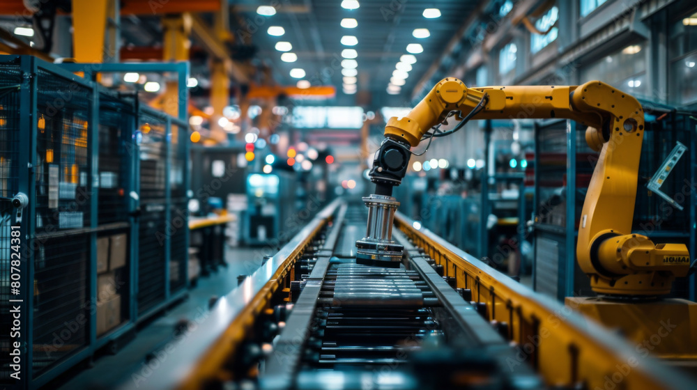 A high-precision robotic arm engaging in automated tasks along a factory production line, emphasizing industrial automation. A high-precision robotic arm engaging in automated tasks along a factory production line, emphasizing industrial automation.
